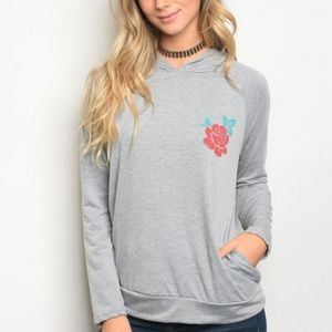 New Junior's Gray floral hoodie sweater w/pockets